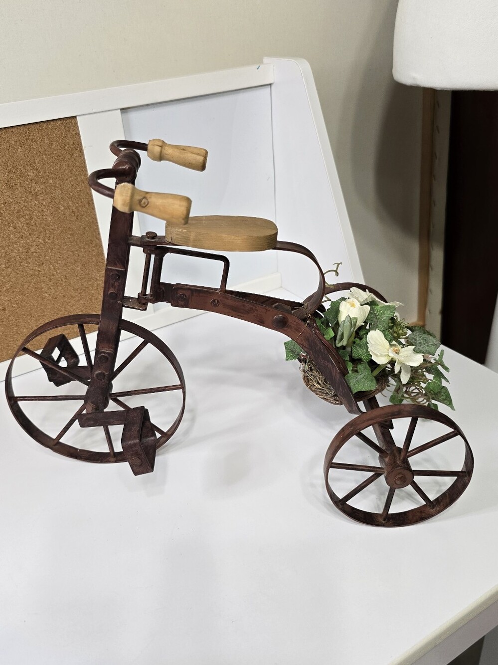 Vintage Decorative Rustic Brown Metal Tricycle with Flower